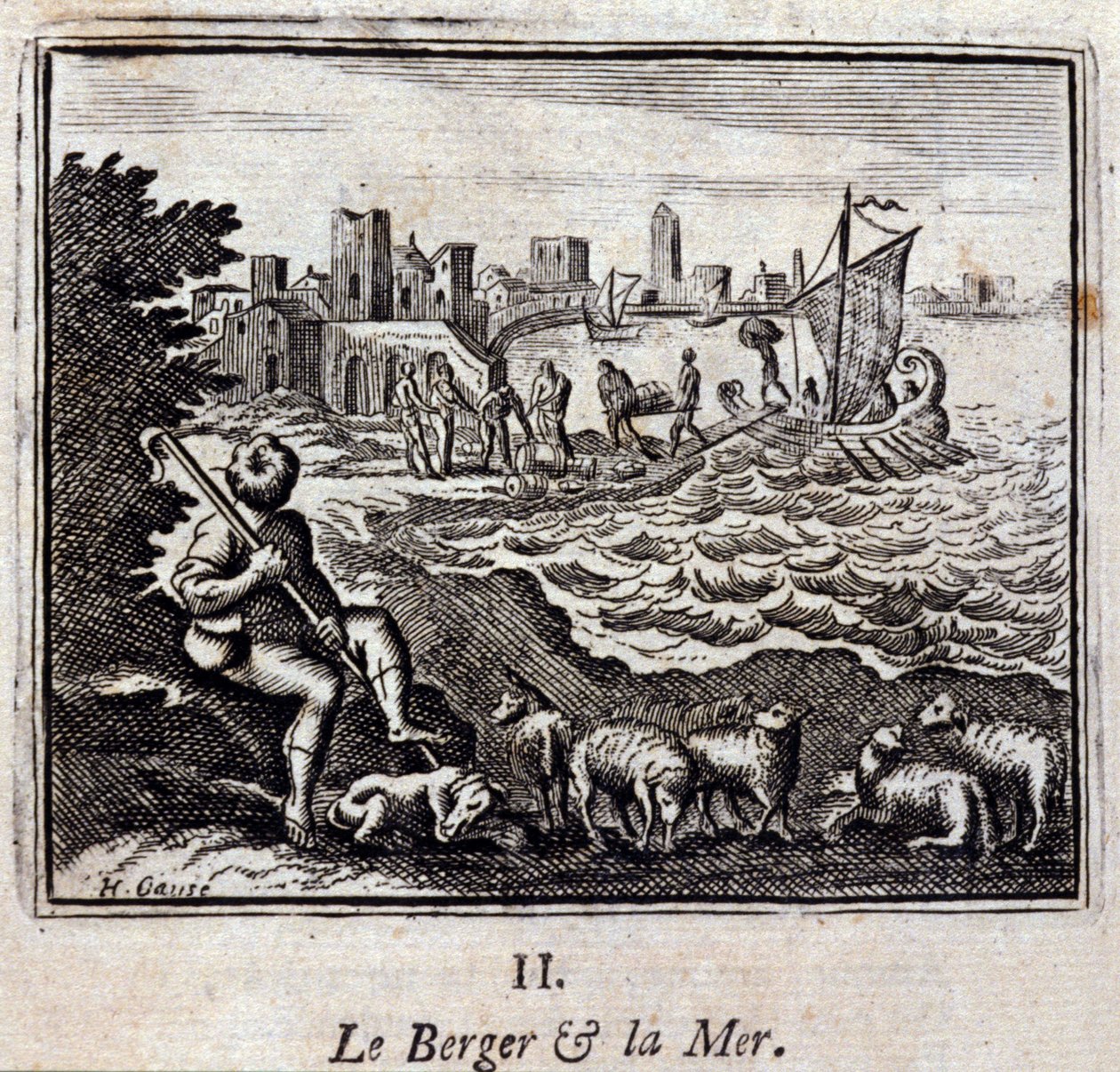 El pastor y el mar. Fábulas de Jean de La Fontaine (1621-95). Ilustración por François Chauveau (1613-1676). Edición de 1728. de Francois Chauveau