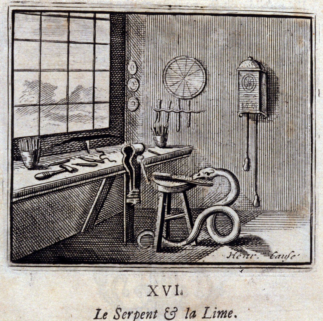 La serpiente y la lima. Fábulas de Jean de La Fontaine (1621-95). Ilustración de François Chauveau (1613-1676). Edición de 1728 de Francois Chauveau