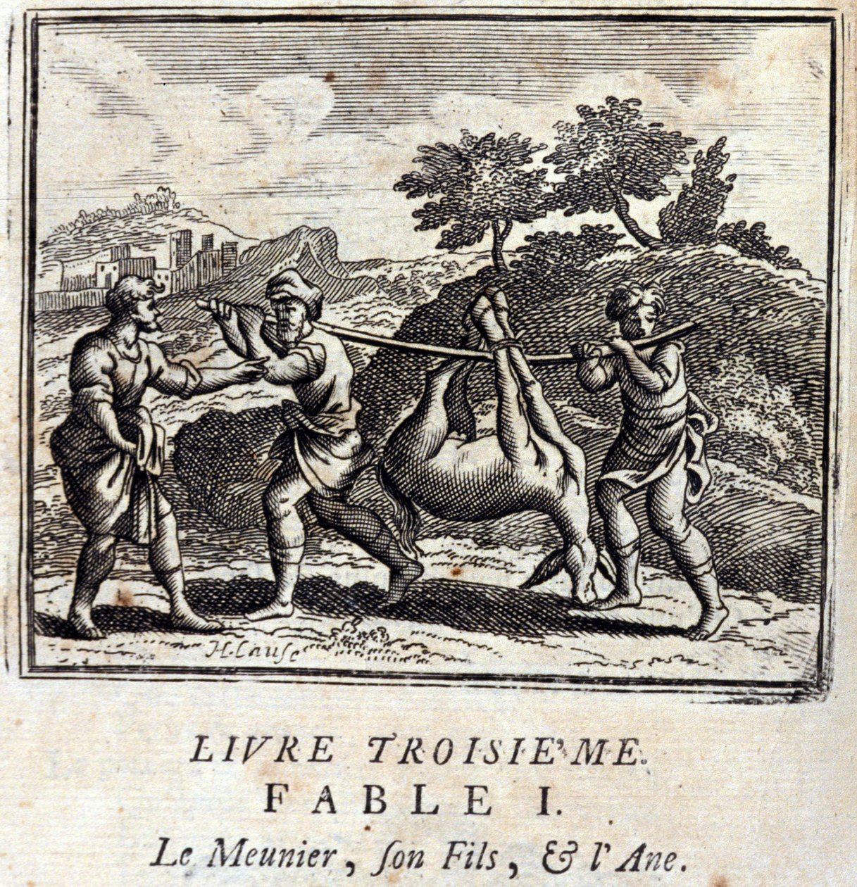 El tonto, su hijo y el burro. Fábulas de Jean de La Fontaine (1621-95). Ilustración de François Chauveau (1613-1676). Edición de 1728. de Francois Chauveau
