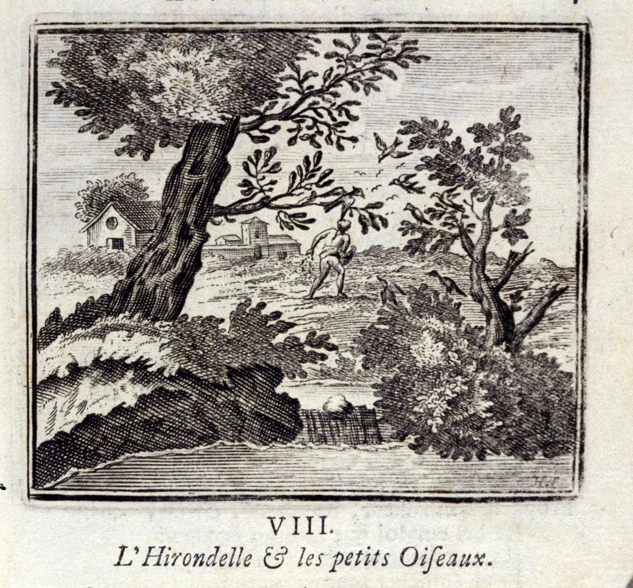 La golondrina y los pajaritos. Fábulas de Jean de La Fontaine (1621-95). Ilustración de François Chauveau (1613-1676). Edición de 1728 de Francois Chauveau