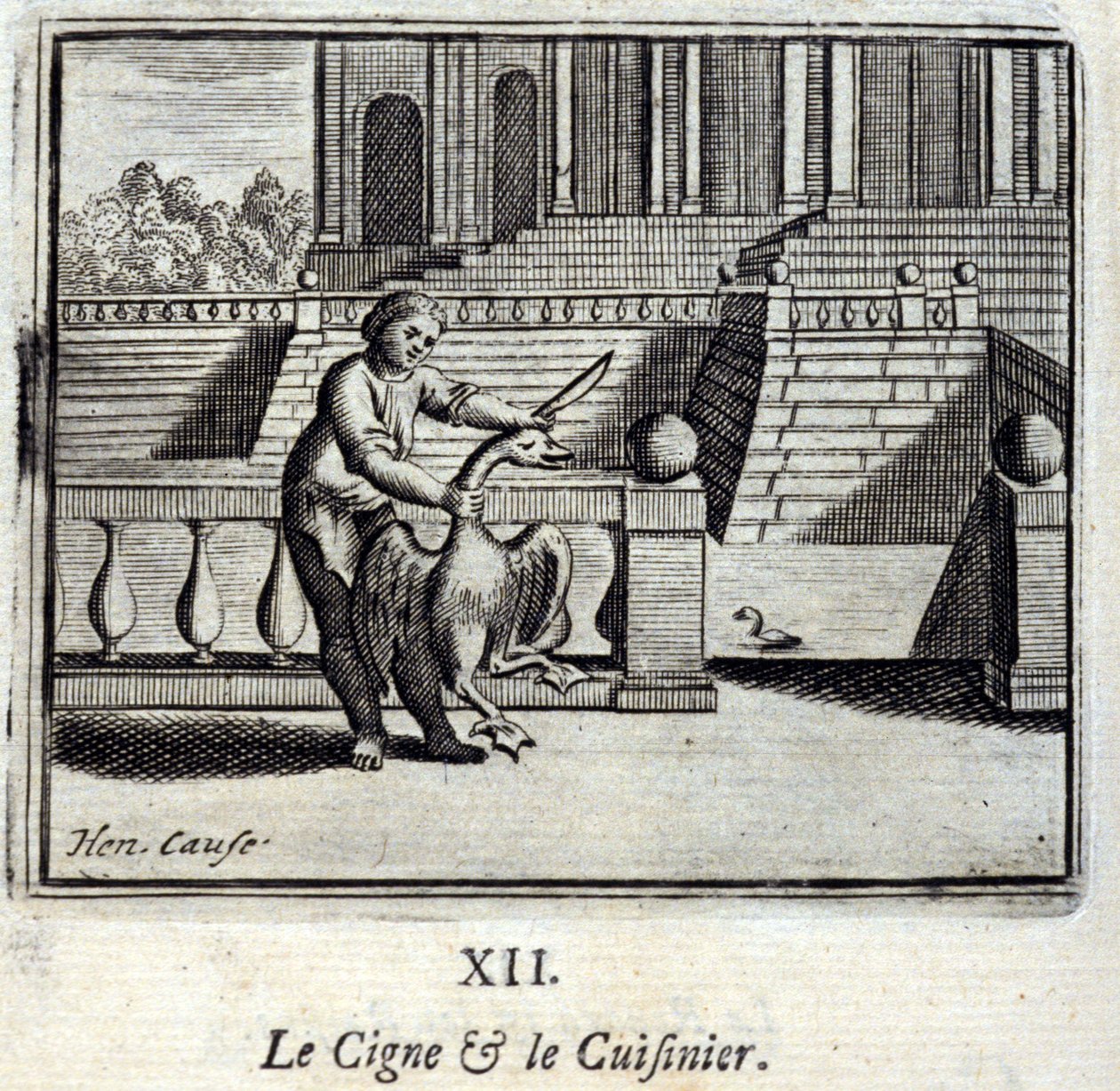 El cisne y el cocinero. Fábulas de Jean de La Fontaine. Ilustración de François Chauveau. Edición de 1728. de Francois Chauveau