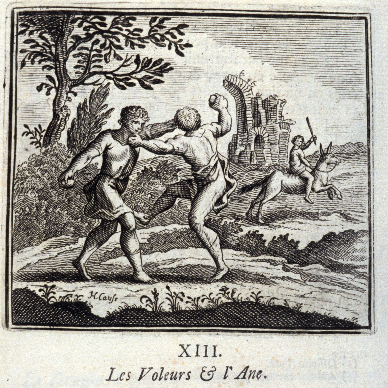 Los ladrones y el burro. Fábulas de Jean de La Fontaine (1621-95). Ilustración de François Chauveau (1613-1676). Edición de 1728. de Francois Chauveau