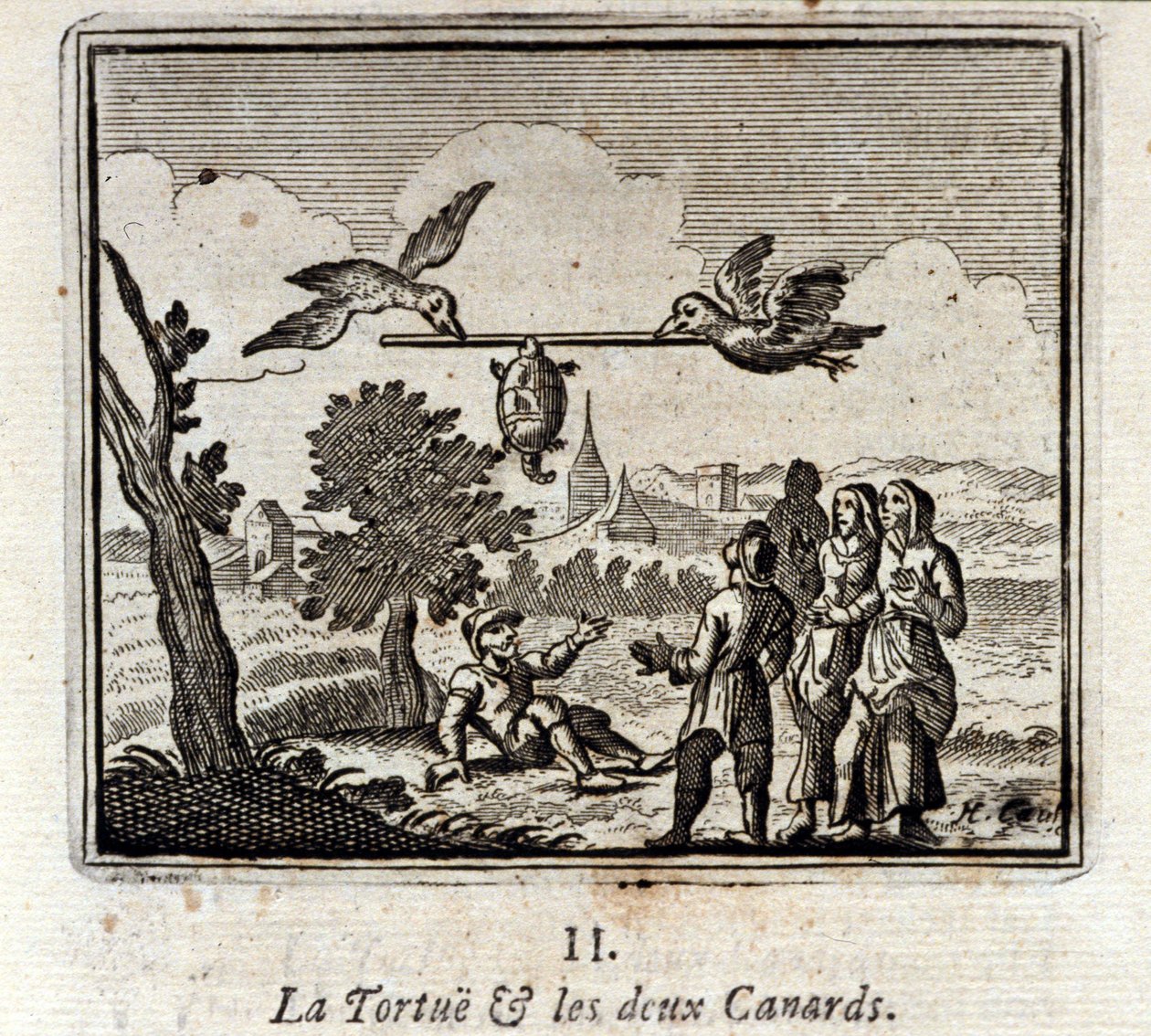 La tortuga y los dos patos. Fábulas de Jean de La Fontaine. Ilustración de François Chauveau. Edición de 1728. de Francois Chauveau