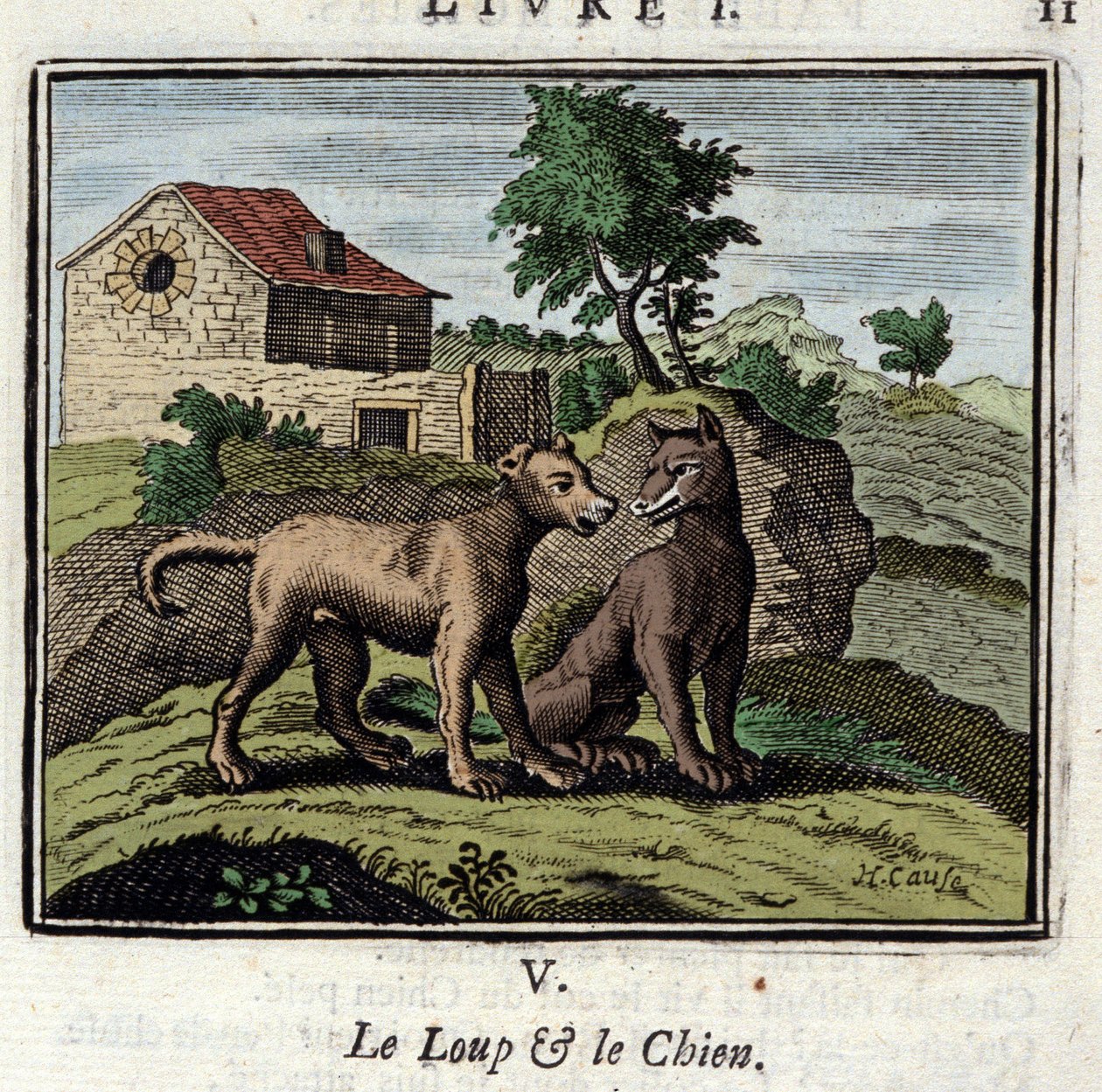 El Lobo y el Perro. Fábulas de Jean de La Fontaine (1621-1695). Ilustración de François Chauveau (1613-1676). Edición de 1728. de Francois Chauveau