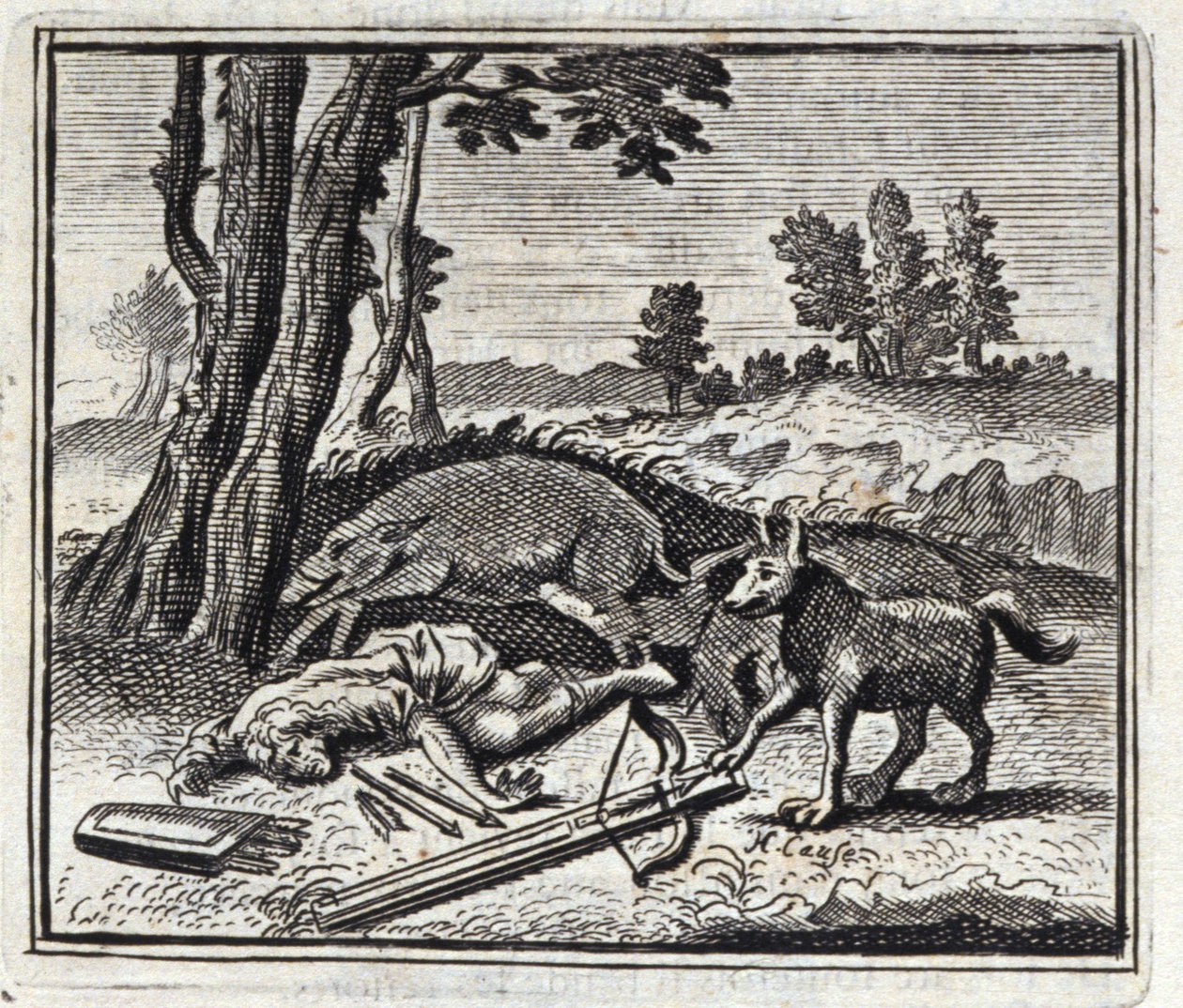 El lobo y el cazador. Fábulas de Jean de La Fontaine (1621-95). Ilustración de François Chauveau (1613-1676). Edición de 1728. de Francois Chauveau
