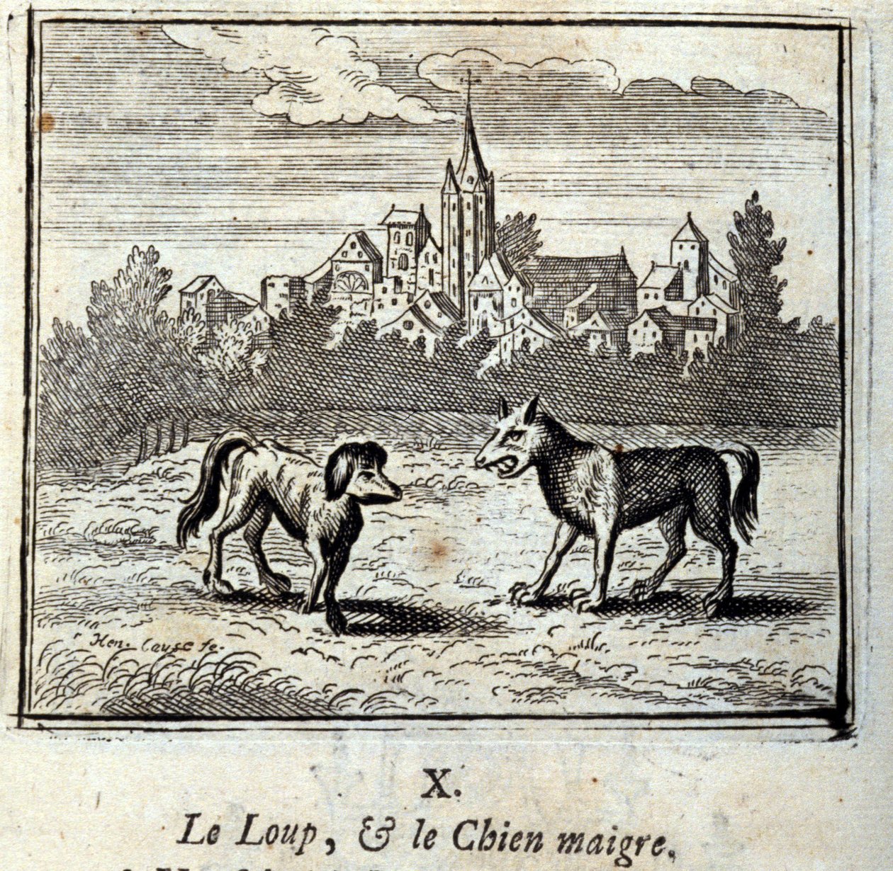 El lobo y el perro flaco. Fábulas de Jean de La Fontaine. Ilustración de François Chauveau. Edición de 1728. de Francois Chauveau
