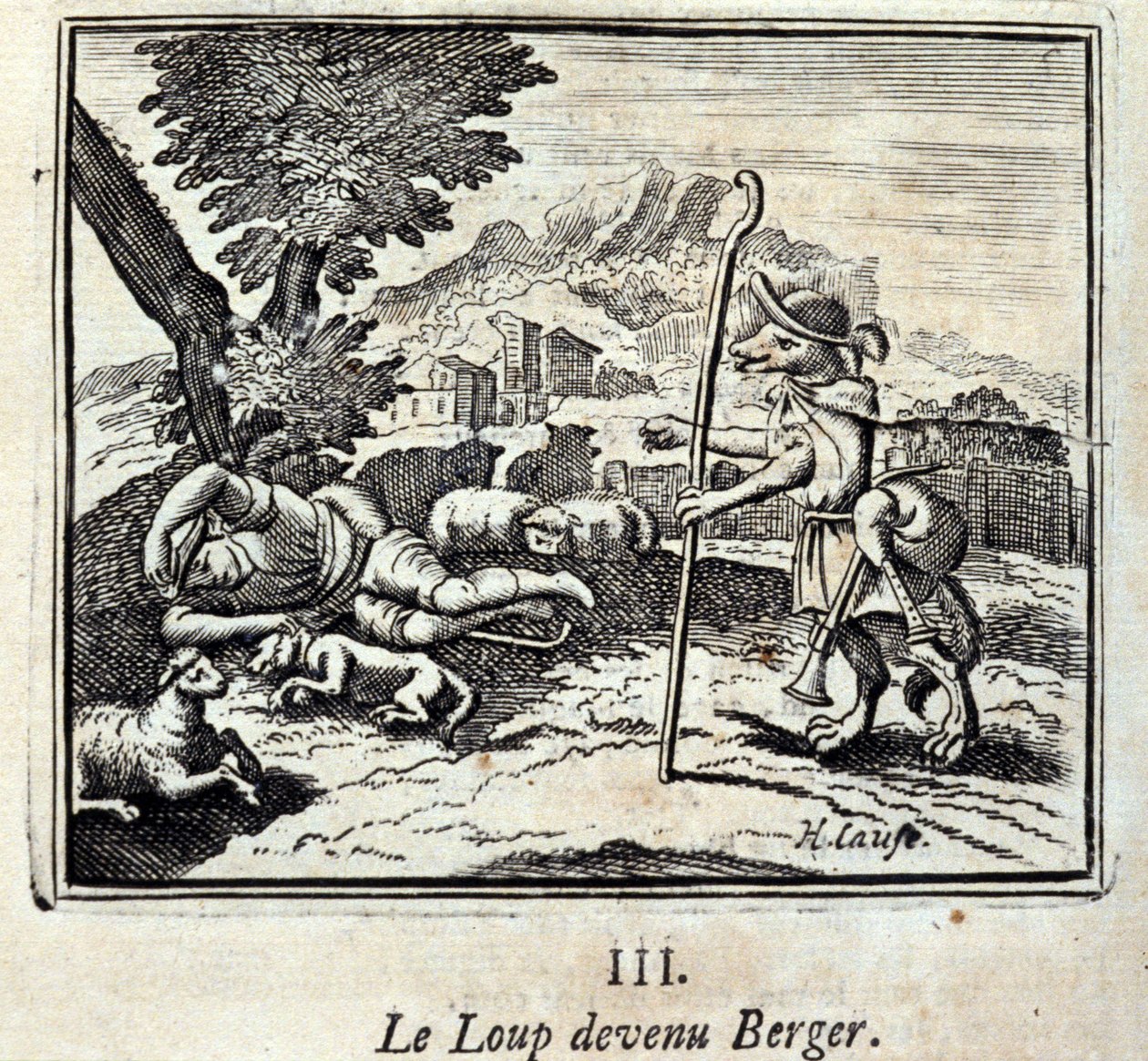 El lobo se convierte en pastor. Fábulas de Jean de La Fontaine (1621-95). Ilustración por François Chauveau (1613-1676). Edición de 1728. de Francois Chauveau