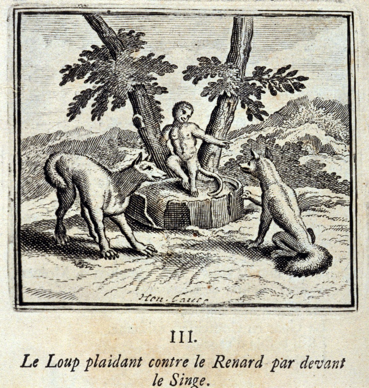 El lobo pleiteando contra el zorro frente al mono. Fábulas de Jean de La Fontaine (1621-95). Ilustración de François Chauveau (1613-1676). Edición de 1728 de Francois Chauveau