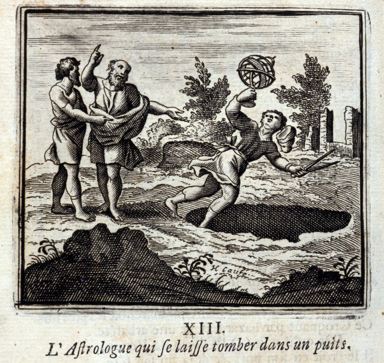 El astrólogo que cae en un pozo. Fábulas de Jean de La Fontaine. Ilustración de François Chauveau. Edición de 1728. de Francois Chauveau