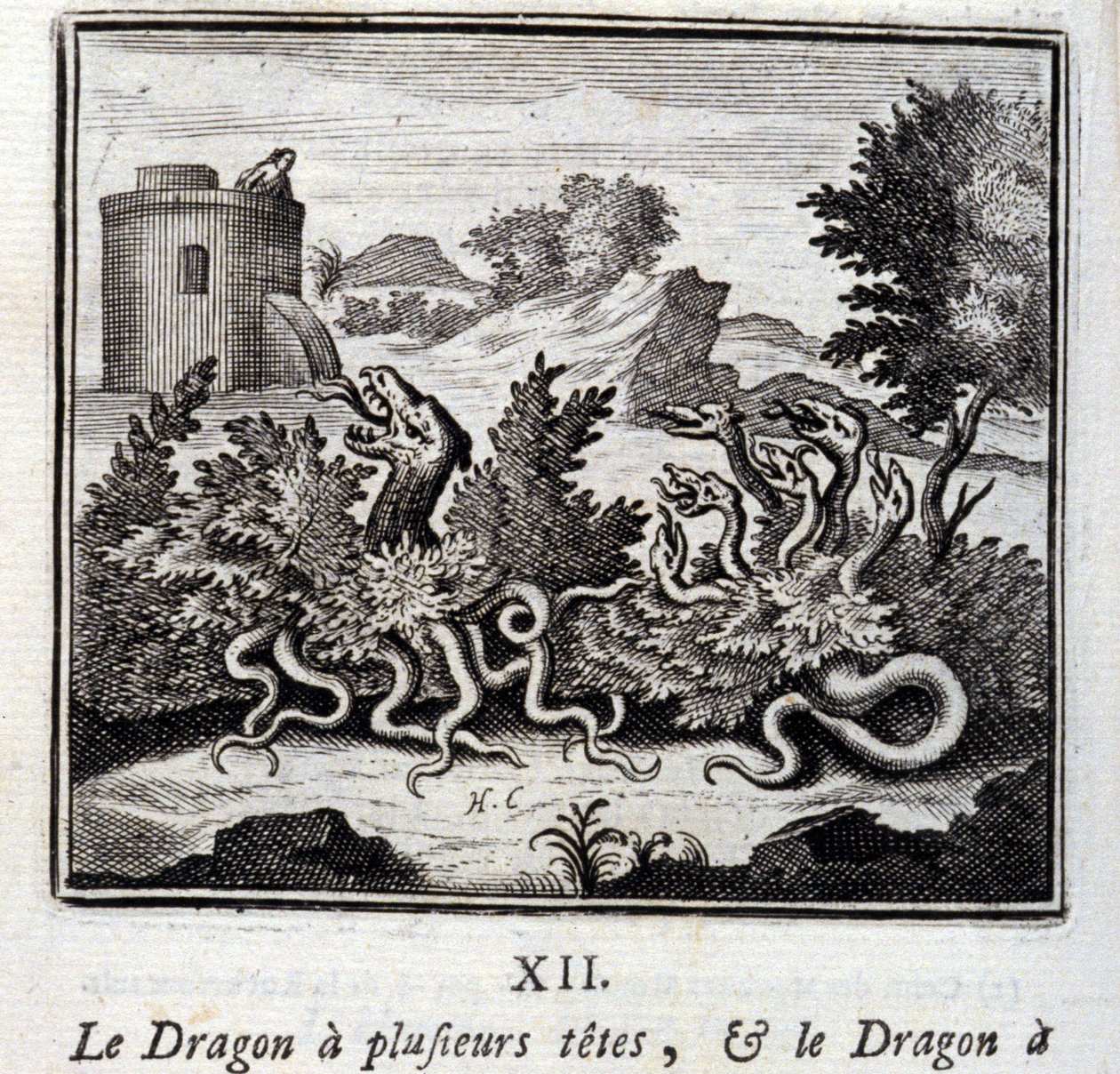 El dragón tiene varias cabezas y el dragón tiene varias colas. Fábulas de Jean de La Fontaine. Ilustración de François Chauveau. Edición de 1728. de Francois Chauveau