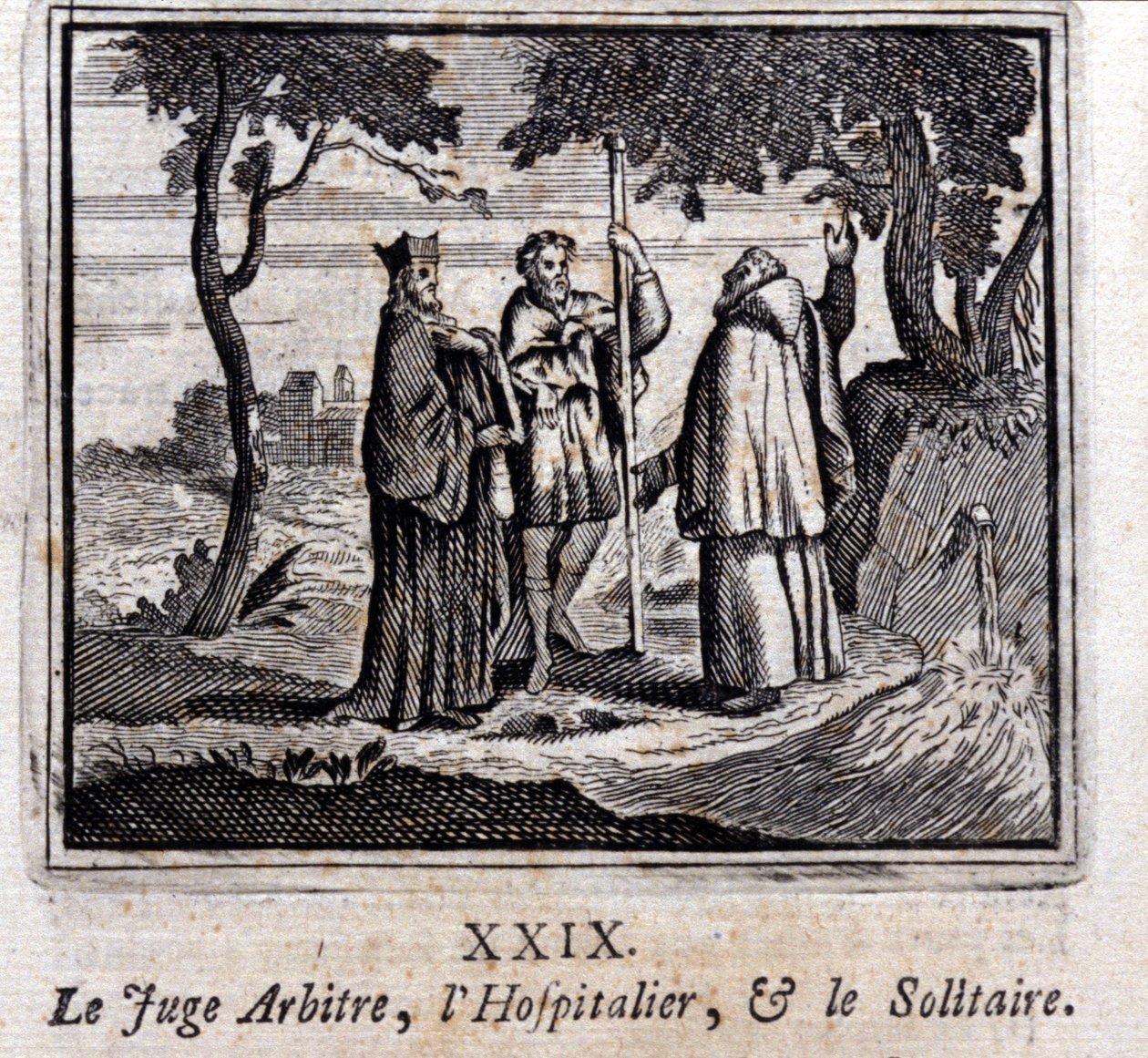 El juez arbitra entre el hospitalario y el solitario. Fábulas de Jean de La Fontaine (1621-95). Ilustración de François Chauveau (1613-1676). Edición de 1728 de Francois Chauveau