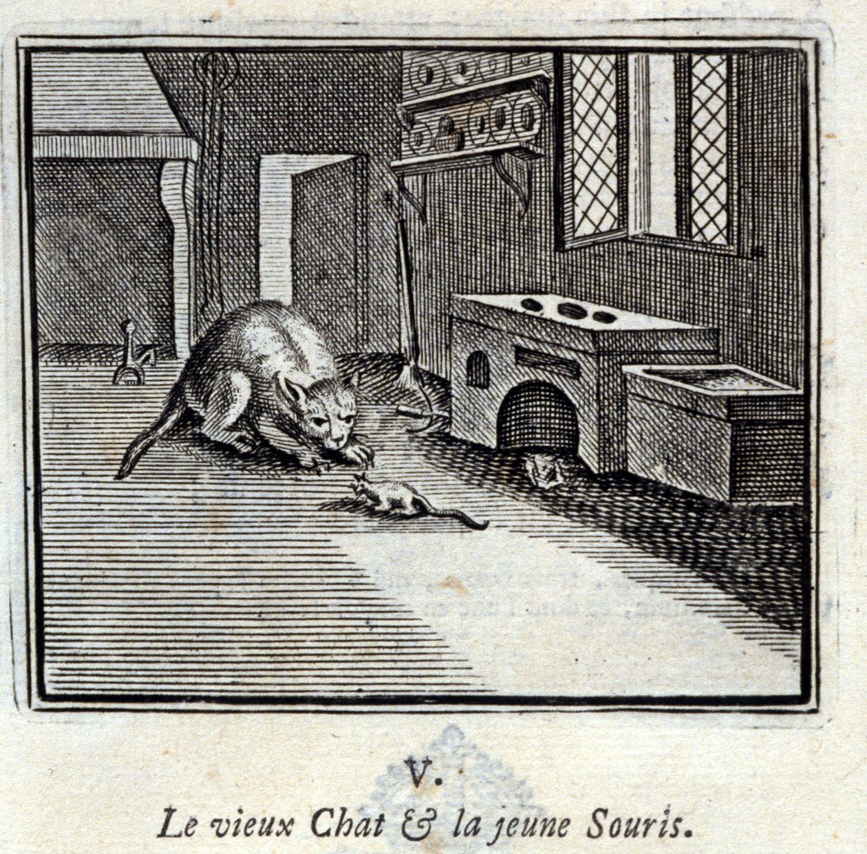 El viejo gato y el joven ratón. Fábulas de Jean de La Fontaine. Ilustración de François Chauveau. Edición de 1728. de Francois Chauveau
