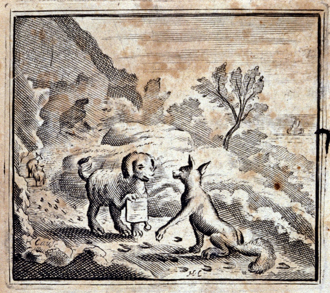 El león enfermo y el zorro. Fábulas de Jean de La Fontaine (1621-95). Ilustración de François Chauveau (1613-1676). Edición de 1728 de Francois Chauveau