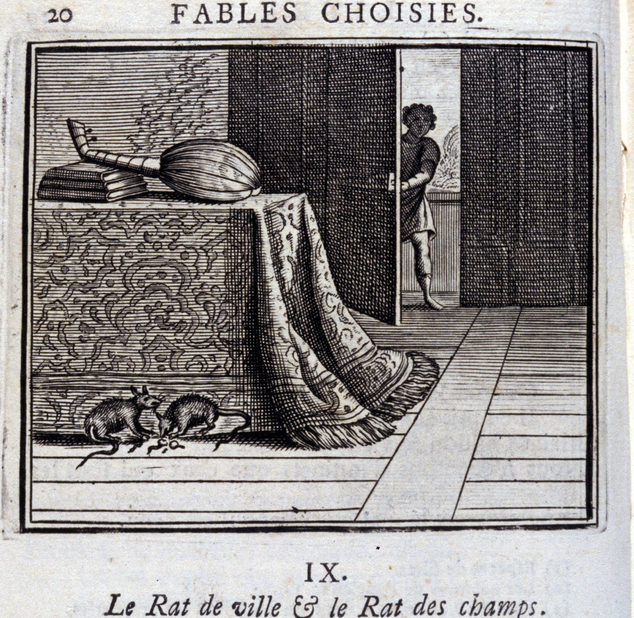 La rata de ciudad y la rata de campo. Fábulas de Jean de La Fontaine (1621-95). Ilustración de François Chauveau (1613-1676). Edición de 1728 de Francois Chauveau