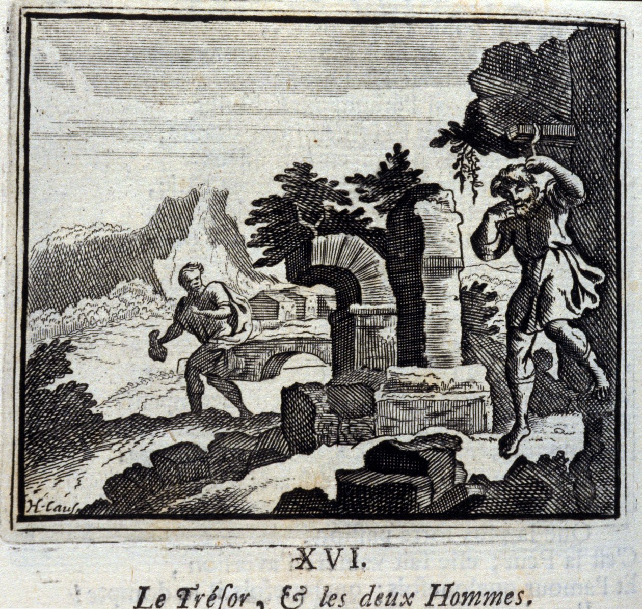 El tesoro y los dos hombres. Fábulas de Jean de La Fontaine (1621-95). Ilustración de François Chauveau (1613-1676). Edición de 1728 de Francois Chauveau
