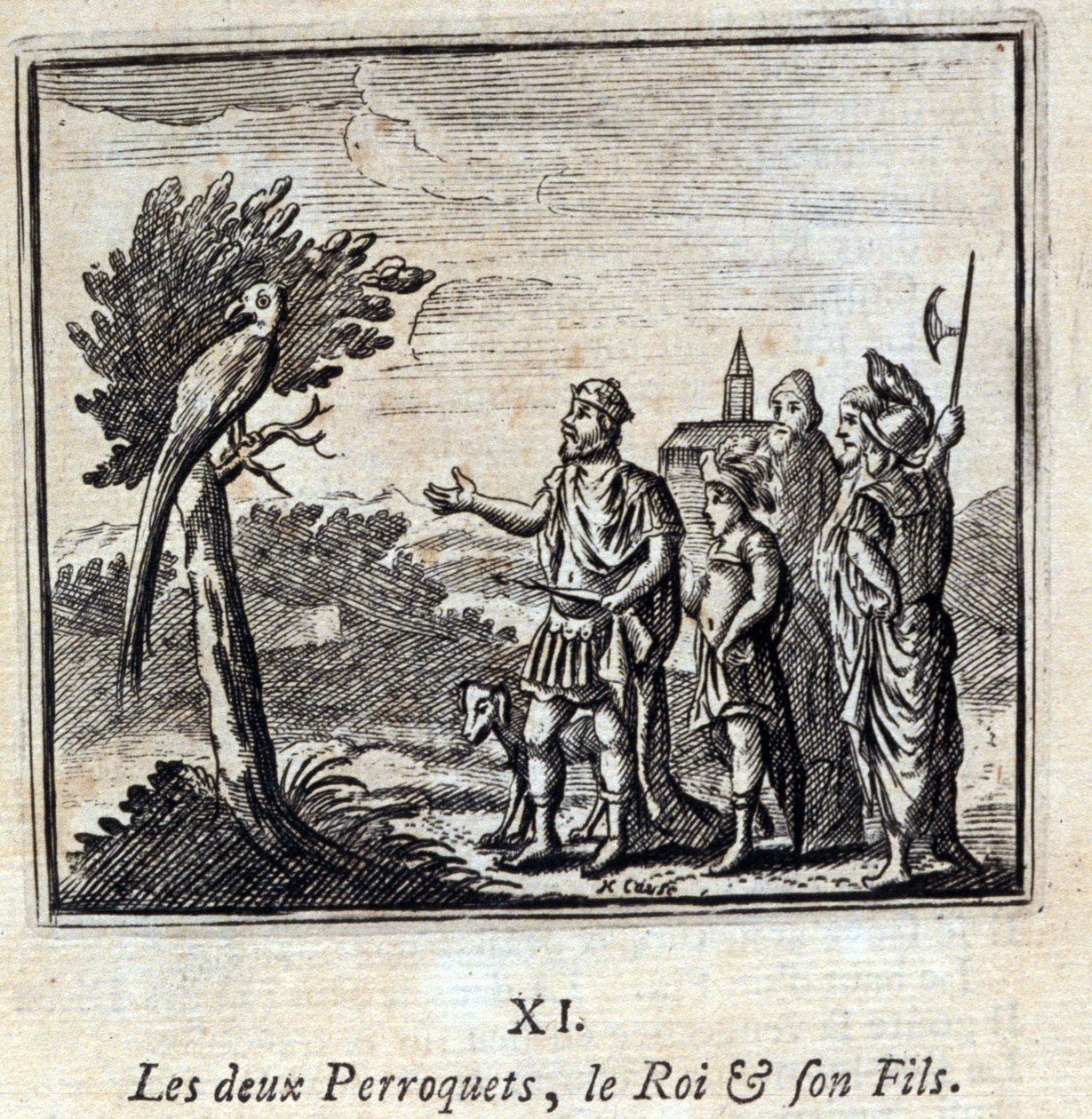 Los dos loros, el rey y su hijo. Fábulas de Jean de La Fontaine (1621-95). Ilustración de François Chauveau (1613-1676). Edición de 1728. de Francois Chauveau