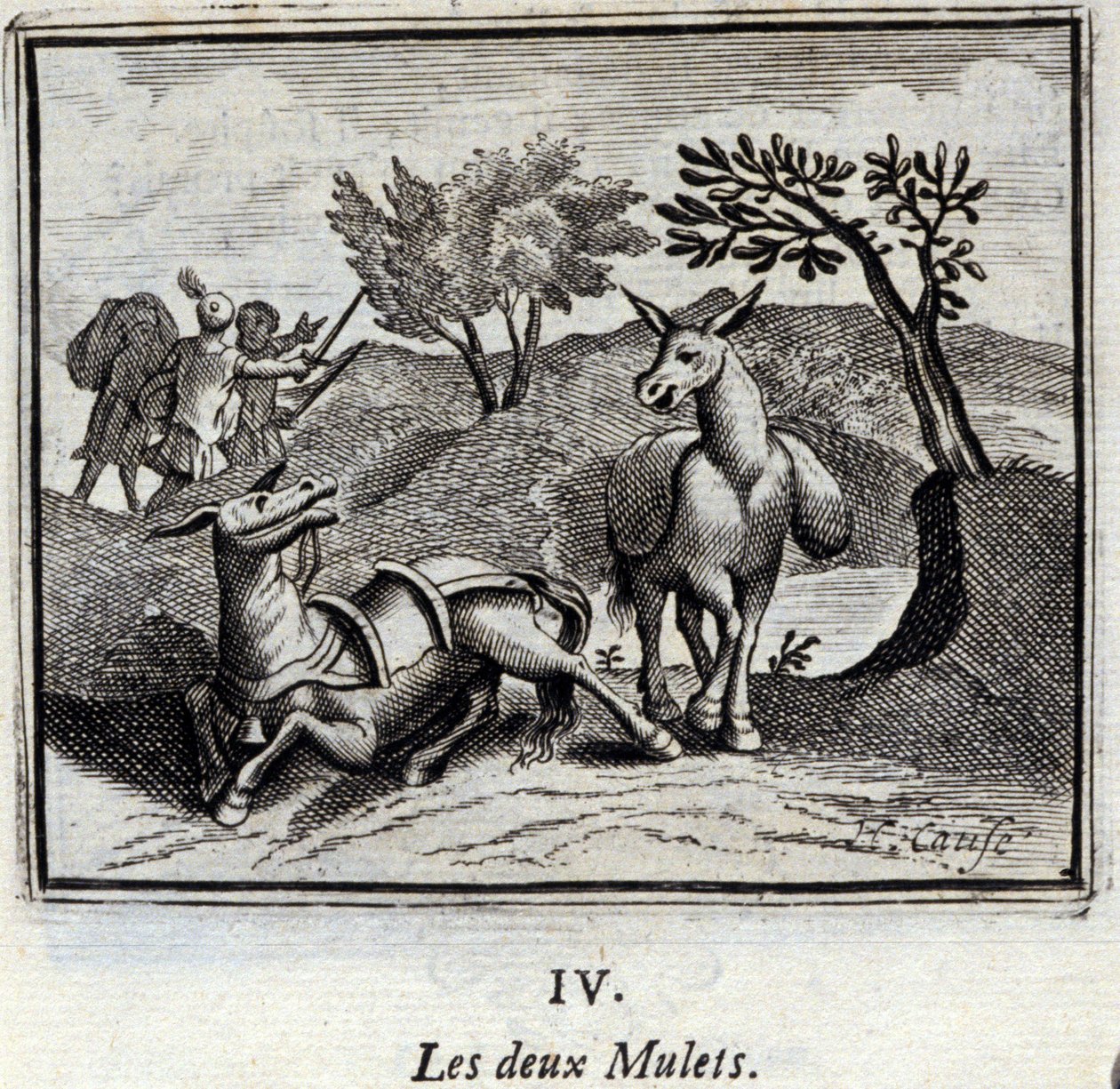 Los dos mulos. Fábulas de Jean de La Fontaine (1621-95). Ilustración de François Chauveau (1613-1676). Edición de 1728 de Francois Chauveau