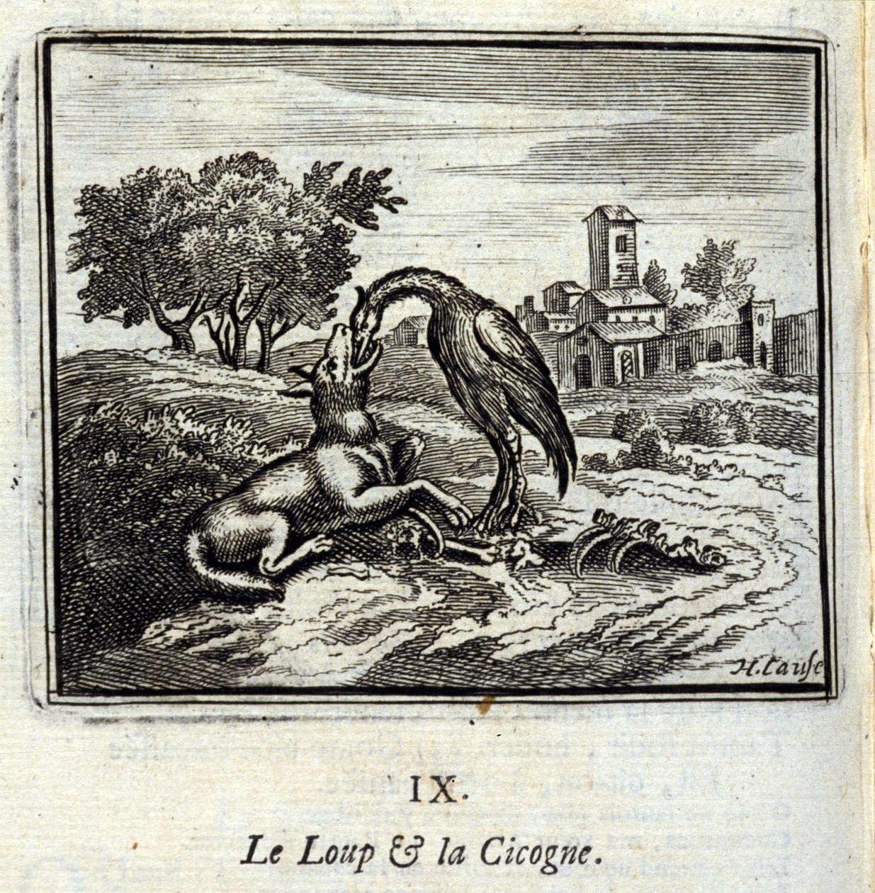 El lobo y la cigüeña. Fábulas de Jean de La Fontaine (1621-95). Ilustración de François Chauveau (1613-1676). Edición de 1728 de Francois Chauveau