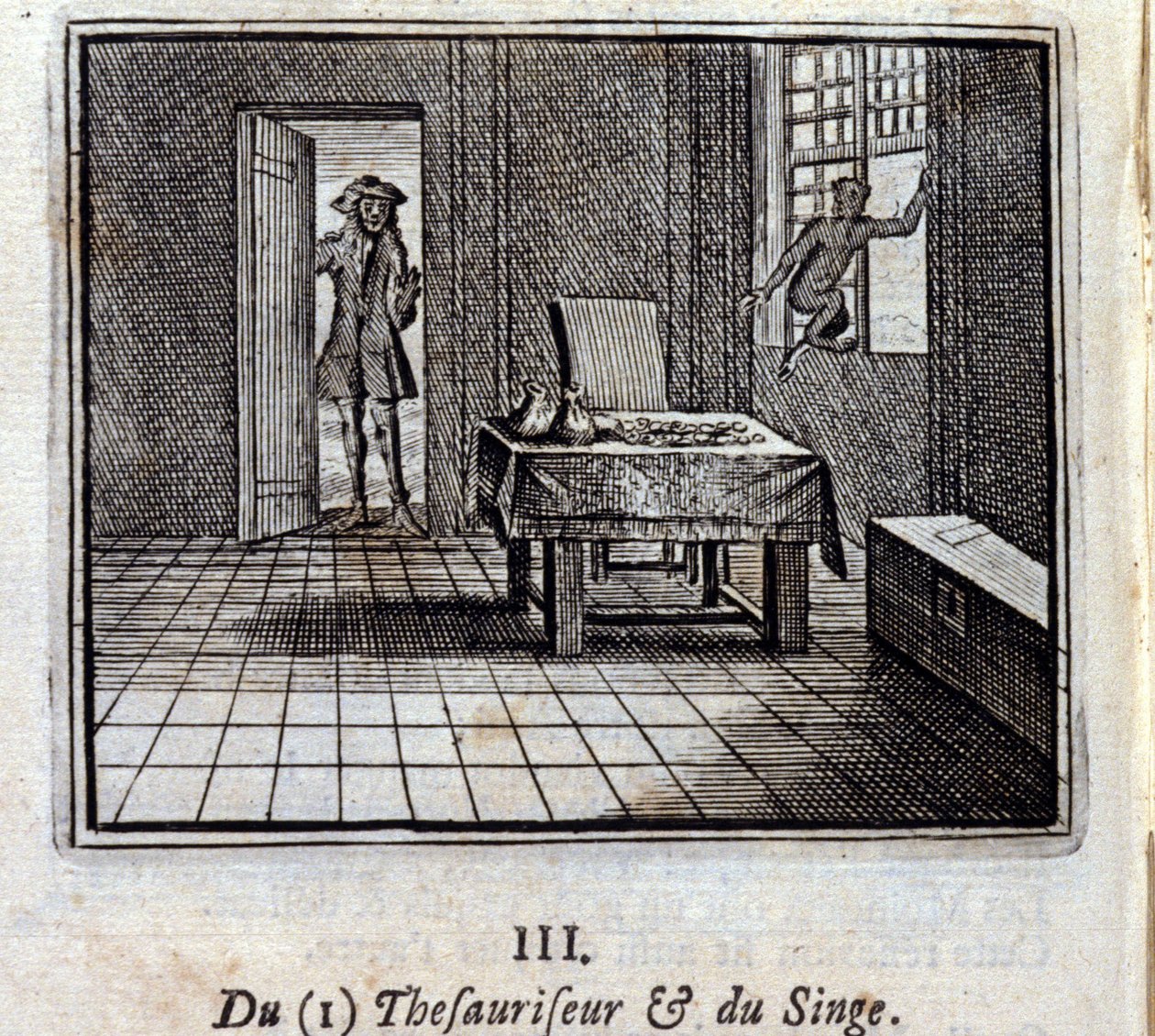 Tesorero y mono. Fábulas de Jean de La Fontaine (1621-95). Ilustración de François Chauveau (1613-1676). Edición de 1728 de Francois Chauveau