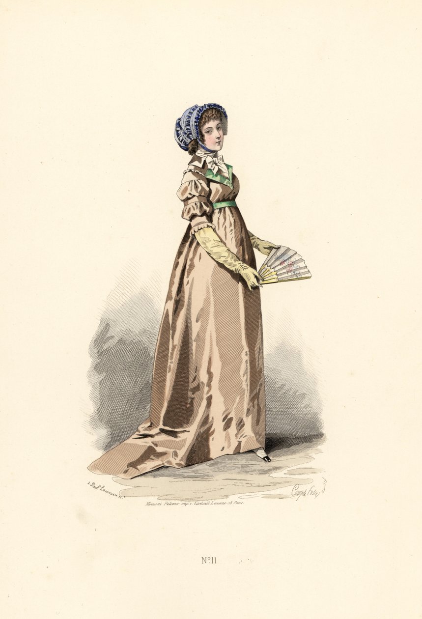Mujer con vestido color avellana, fichu-chemise y sombrero azul de Francois Claudius (after) Compte Calix