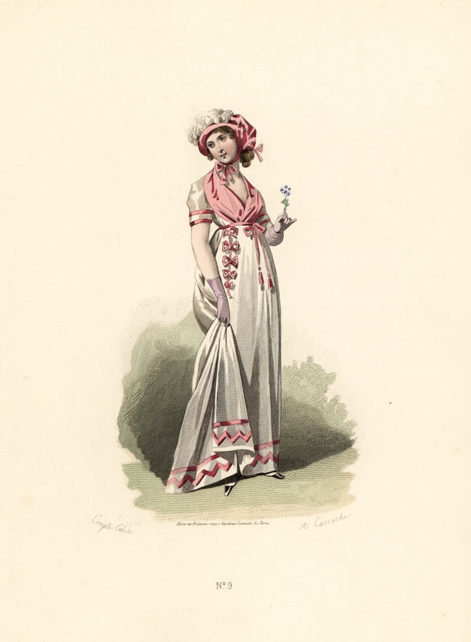 Mujer con vestido blanco, fichu rosa y corsage de Francois Claudius (after) Compte Calix