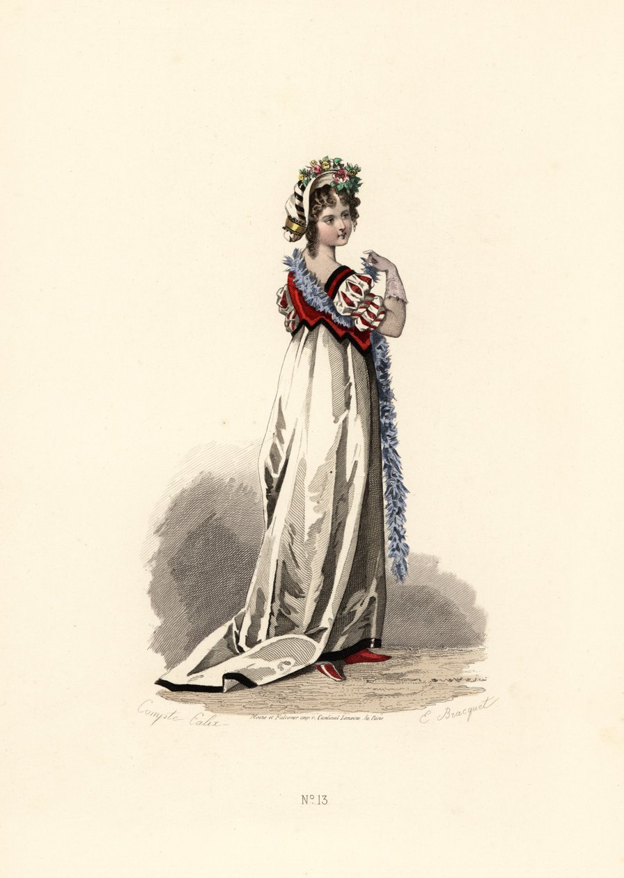 Mujer con vestido blanco con ribete de terciopelo negro de Francois Claudius (after) Compte Calix