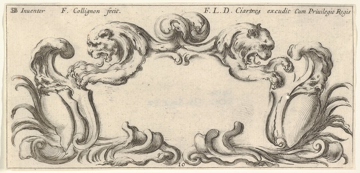 Placa 10: un cartucho con las cabezas de dos leones en perfil a la izquierda y derecha, ca. 1640-45 de Francois Collignon