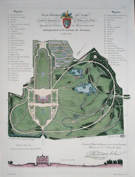 Plano general del jardín del Chateau de Maisons perteneciente a Thomas de Colmar, grabado por G. Lorsignol de Francois Duvillers