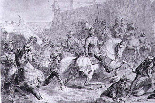 La toma de Calais por Francisco, 2º Duque de Guisa (1519-63) en 1558, grabado por Amedee Felix Barthelemy Geilee (1802-43) de Francois Edouard (after) Picot