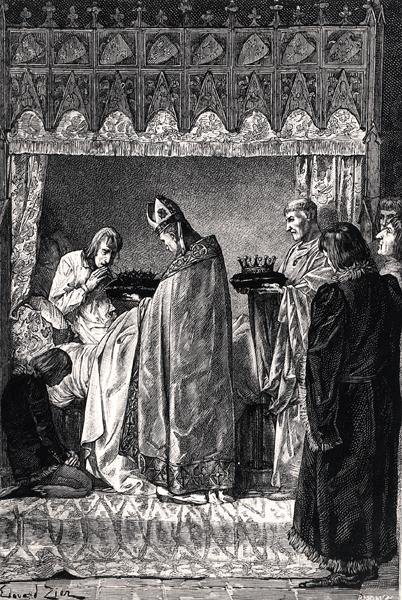 Carlos V (1338-80) en su lecho de muerte, recibiendo la corona de espinas con gran devoción religiosa, de 