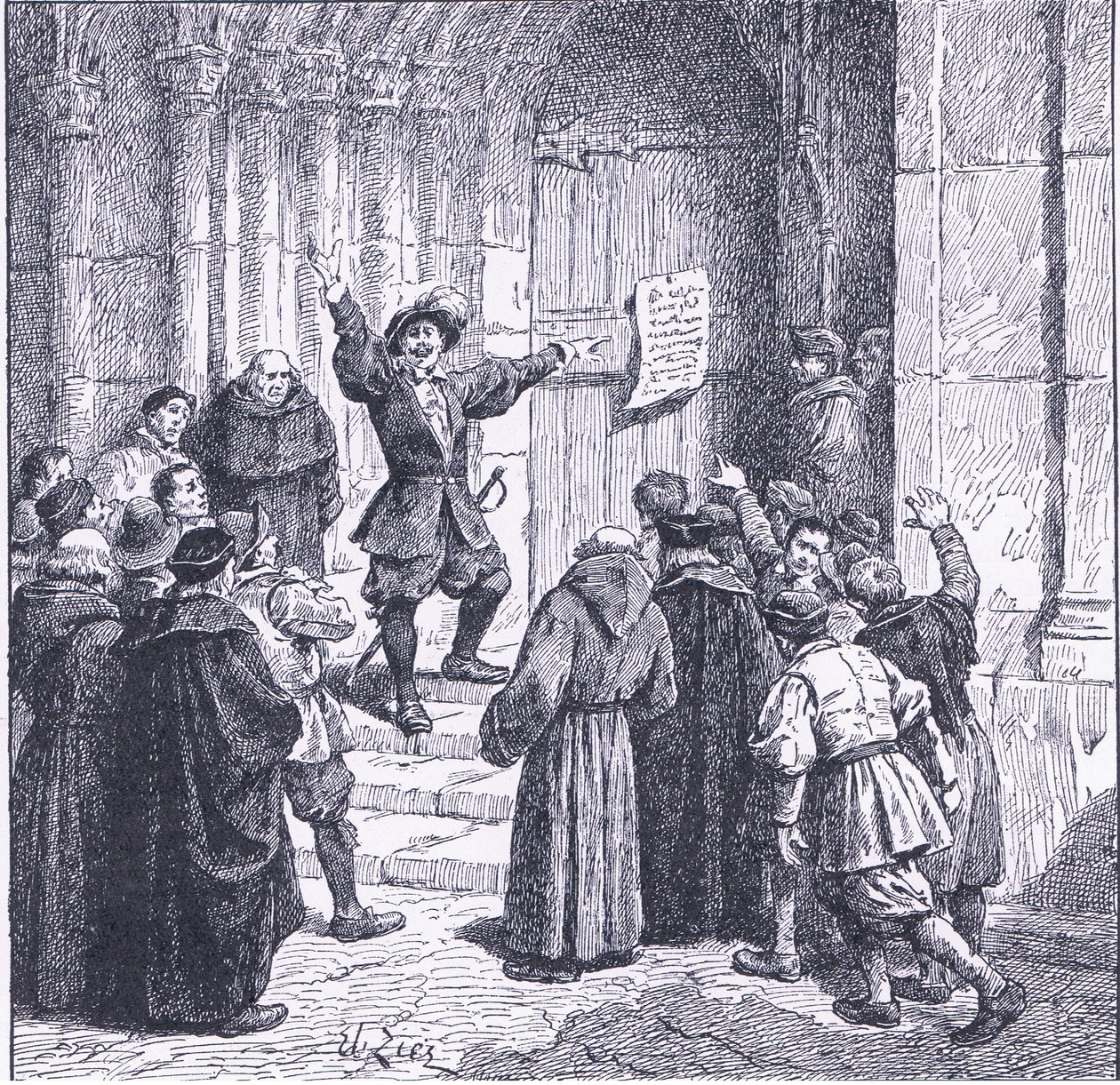 Robert Aske fijando su proclamación en la puerta de la Catedral de York, de la Historia del Pueblo Británico de Cassell publicada por la Waverley Book Company, c.1950 de Francois Edouard Zier
