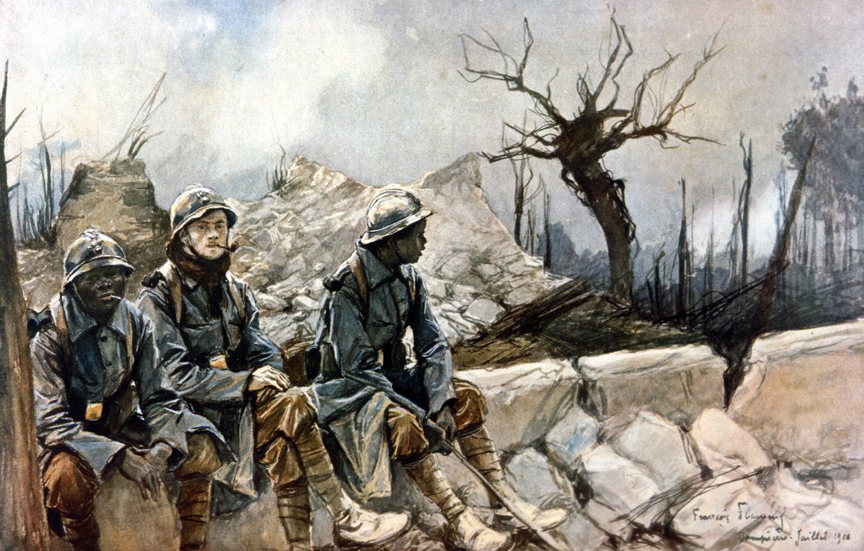 3 soldados franceses sentados frente a las ruinas de la iglesia de Dampierre. Guerra 1914 - 1918. Pintura de Francois Flameng (1856-1923). París, Museo del Ejército de Francois Flameng