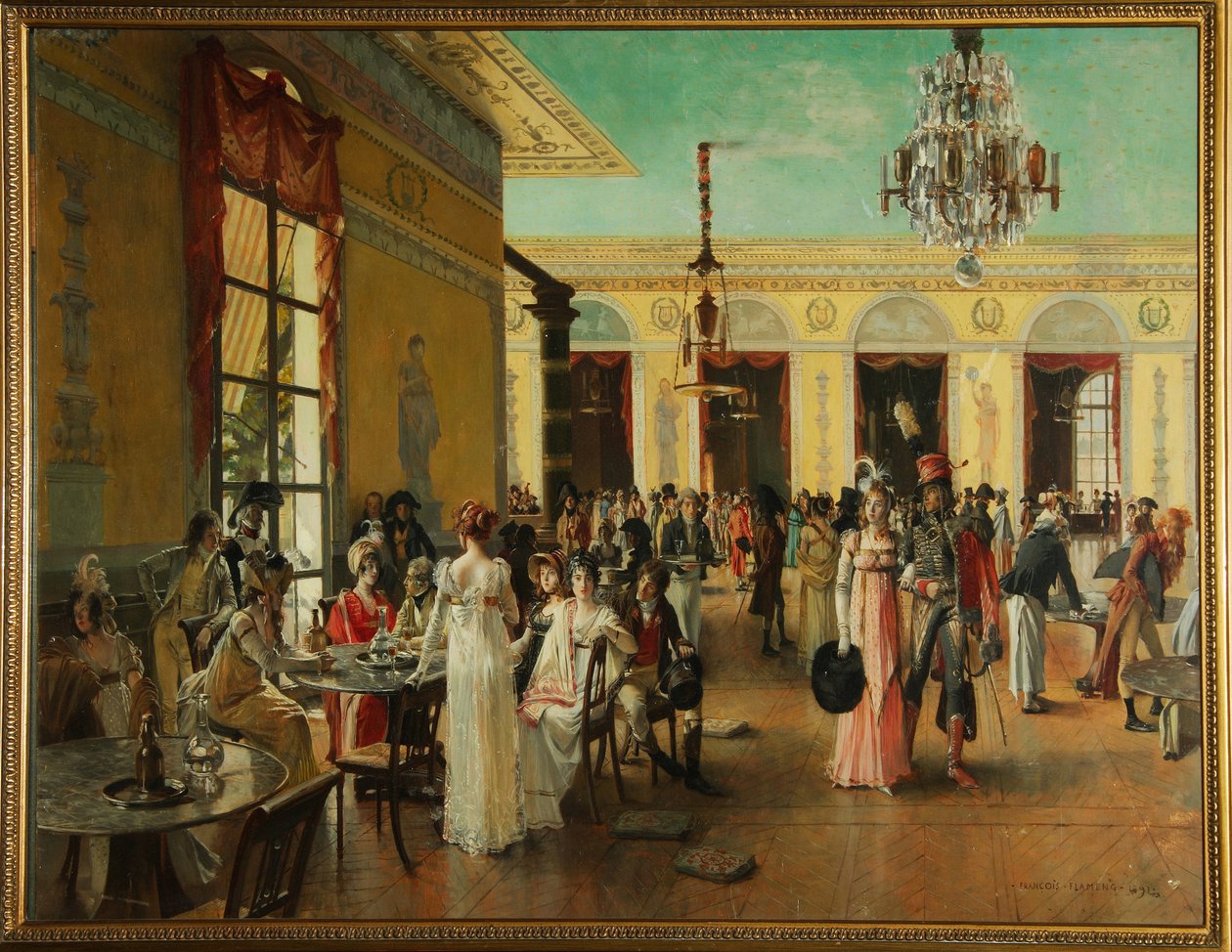 Café Frascati (París, Francia), una escena en la época de Napoleón (finales del siglo XVIII-1815) - Pintura de Francois Flameng (1856-1923), óleo sobre madera de Francois Flameng