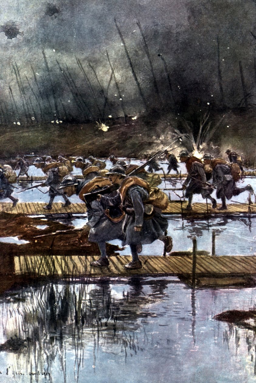 Cruce del Canal de Yser por el I Cuerpo de Infantería francés, 31 de julio de 1917, 4.45 h Tras la pintura de Francois Flameng (1856-1923) Francés. de Francois Flameng