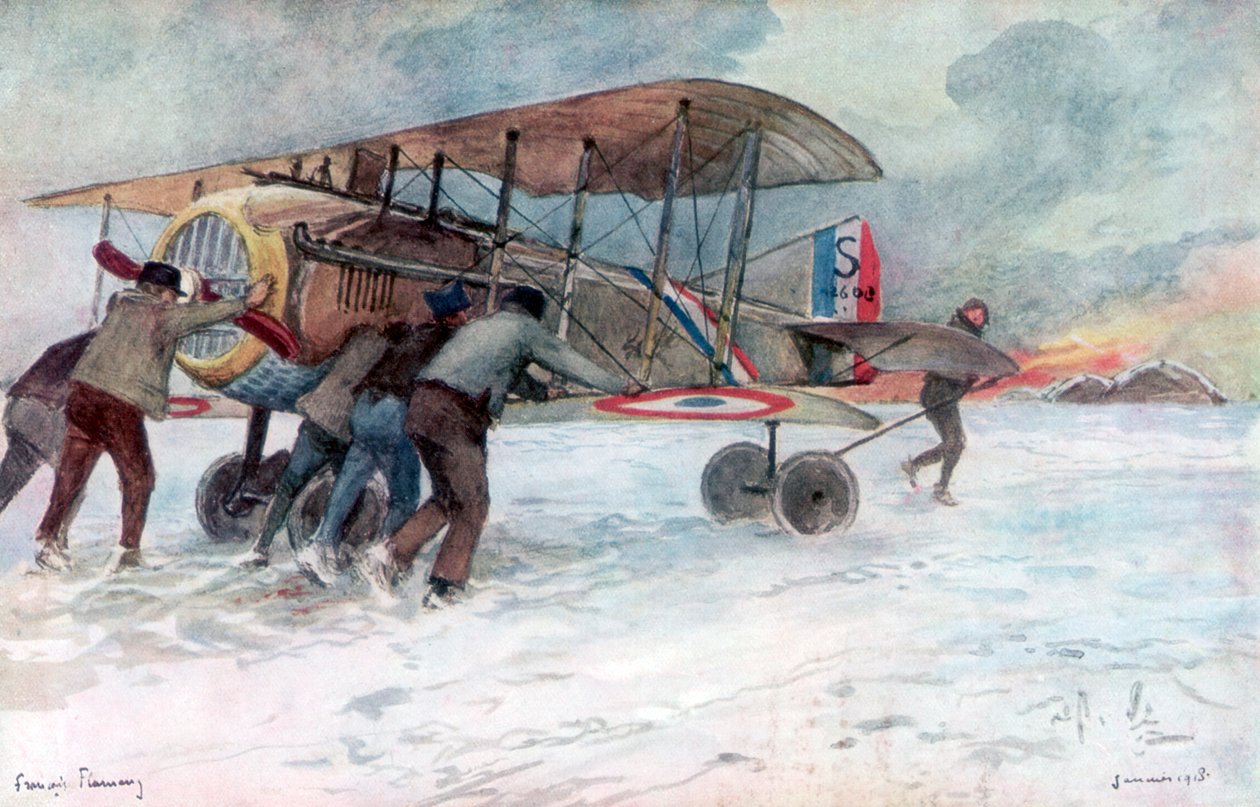 Personal de tierra atendiendo a un Spad francés en un campo cubierto de nieve, 1918, 1926 de Francois Flameng