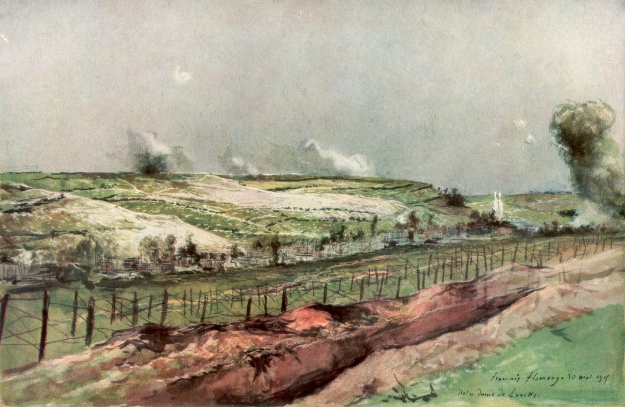 Notre Dame de Lorette y St Nazaire, Ablain, durante el bombardeo, Artois, Francia, 1915, 1926 de Francois Flameng