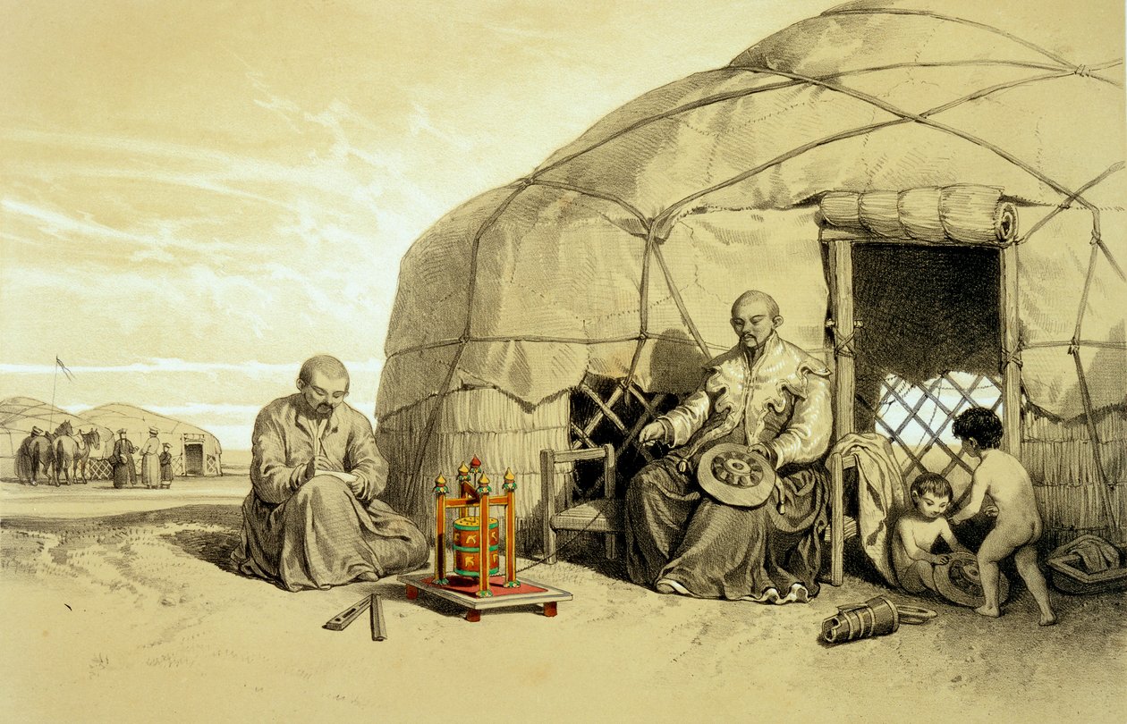 Kalmuks con una Rueda de Oración, Siberia, ilustración de 