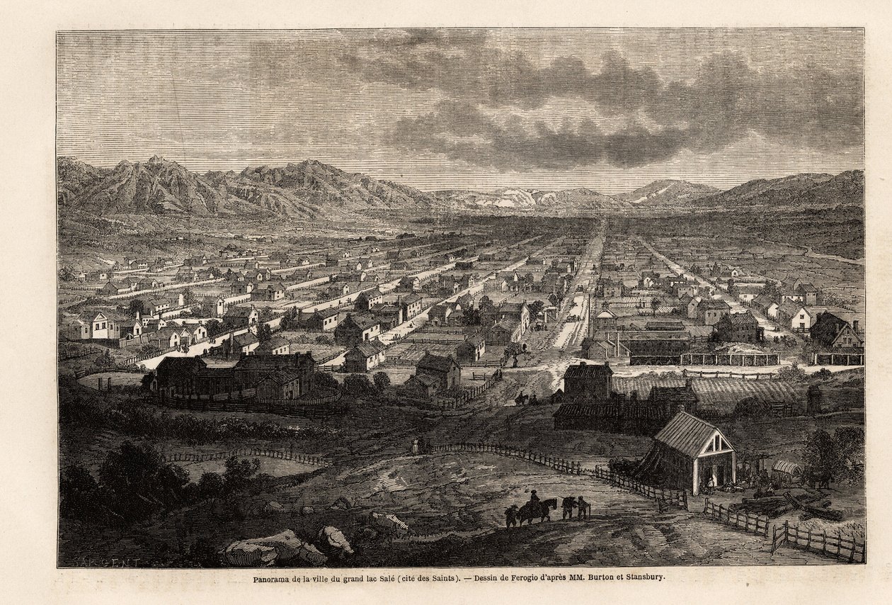 Panorama de la ciudad del gran lago sucio, citando a los Santos (Utah), dibujo de Ferogio, para ilustrar el viaje de Richard Burton a la ciudad de los Santos, capital de la tierra de los mormones, en 1860. Grabado en Le tour du monde, editado por Edouard C de Francois Fortune Antoine (after) Ferogio