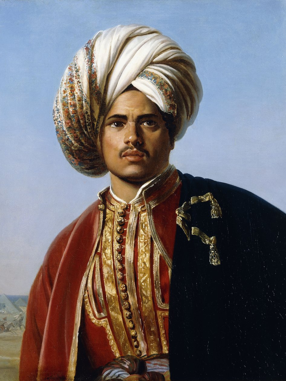 Retrato de un príncipe otomano, medio cuerpo, en rojo y oro de Francois Henri Alexandre La Fond