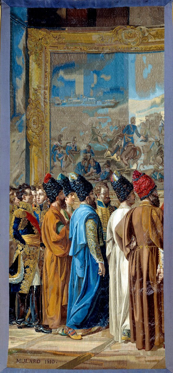 Napoleón I (1769-1821) recibió en el castillo de Finkenstein en Polonia al Embajador del Shah de Persia Georges Outrey, Vicecónsul de Francia en Bagdad, presenta a Mohammed Mirza Reza. Tapiz realizado por el taller de los Gobelinos por François Henri Mular de Francois Henri Mulard