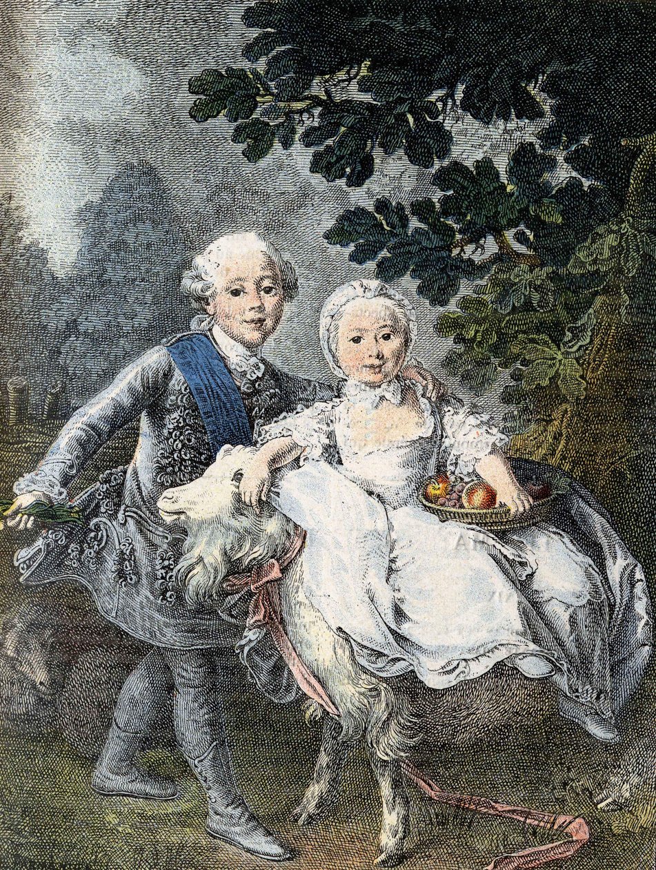 El Conde de Artois niño (futuro Rey Carlos X) (1757-1836) y su hermana Marie Clotilde Xavière (futura Reina de Cerdeña) (1759-1802) - representados en 1764. Grabado del siglo XIX después de la pintura de François Hubert Drouais. de Francois Hubert (manner of) Drouais