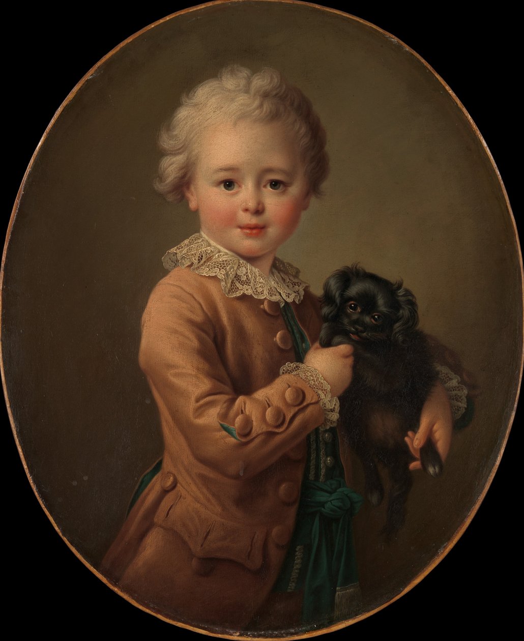 Niño con un spaniel negro de Francois Hubert Drouais