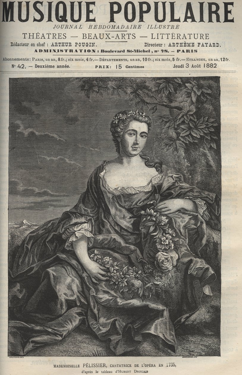 Retrato de Marie Pelissier (o Pellissier) (1707-1749), cantante de ópera francesa - grabado después del cuadro de Hubert Drouais - grabado en 