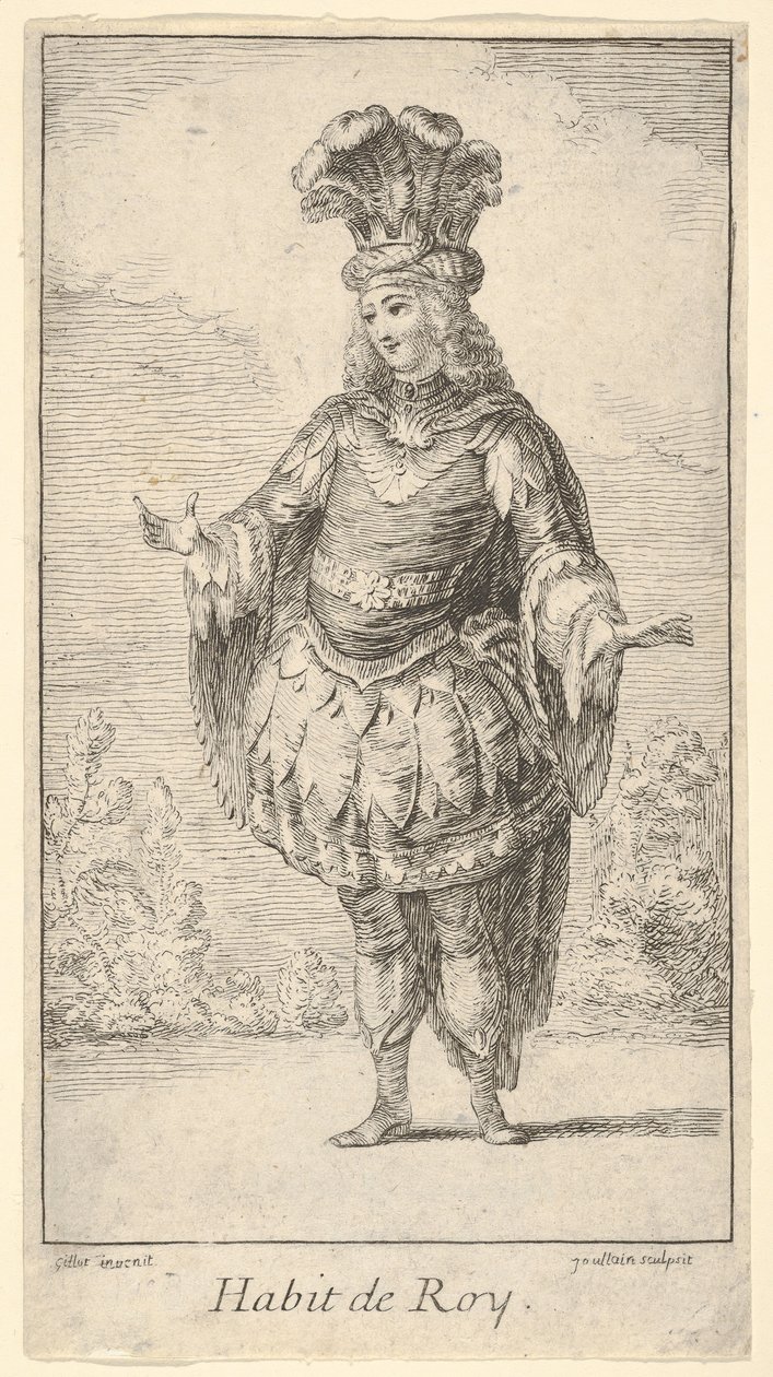 Habit de Roy: un hombre con un tonnelet decorado con rosetones, una corona y un turbante, ca. 1721 de Francois Joullain