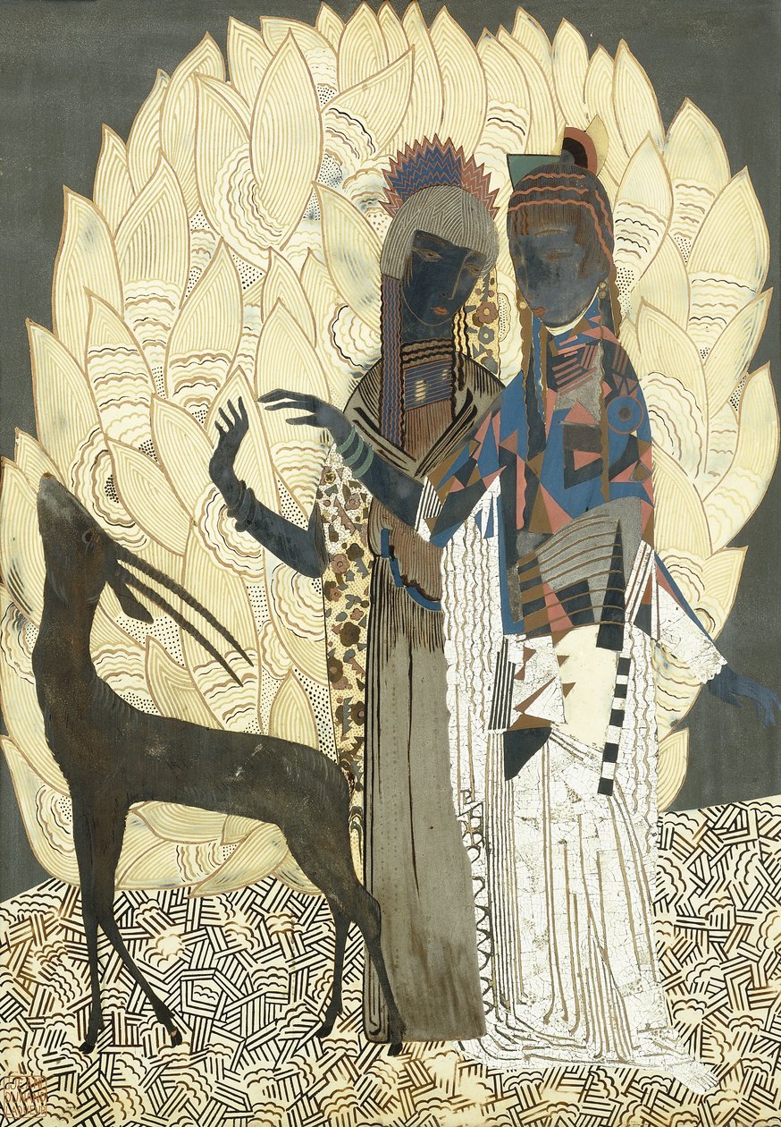 Dos mujeres estilizadas con un antílope entre follajes, c.1928 de Francois Louis (after) Schmied