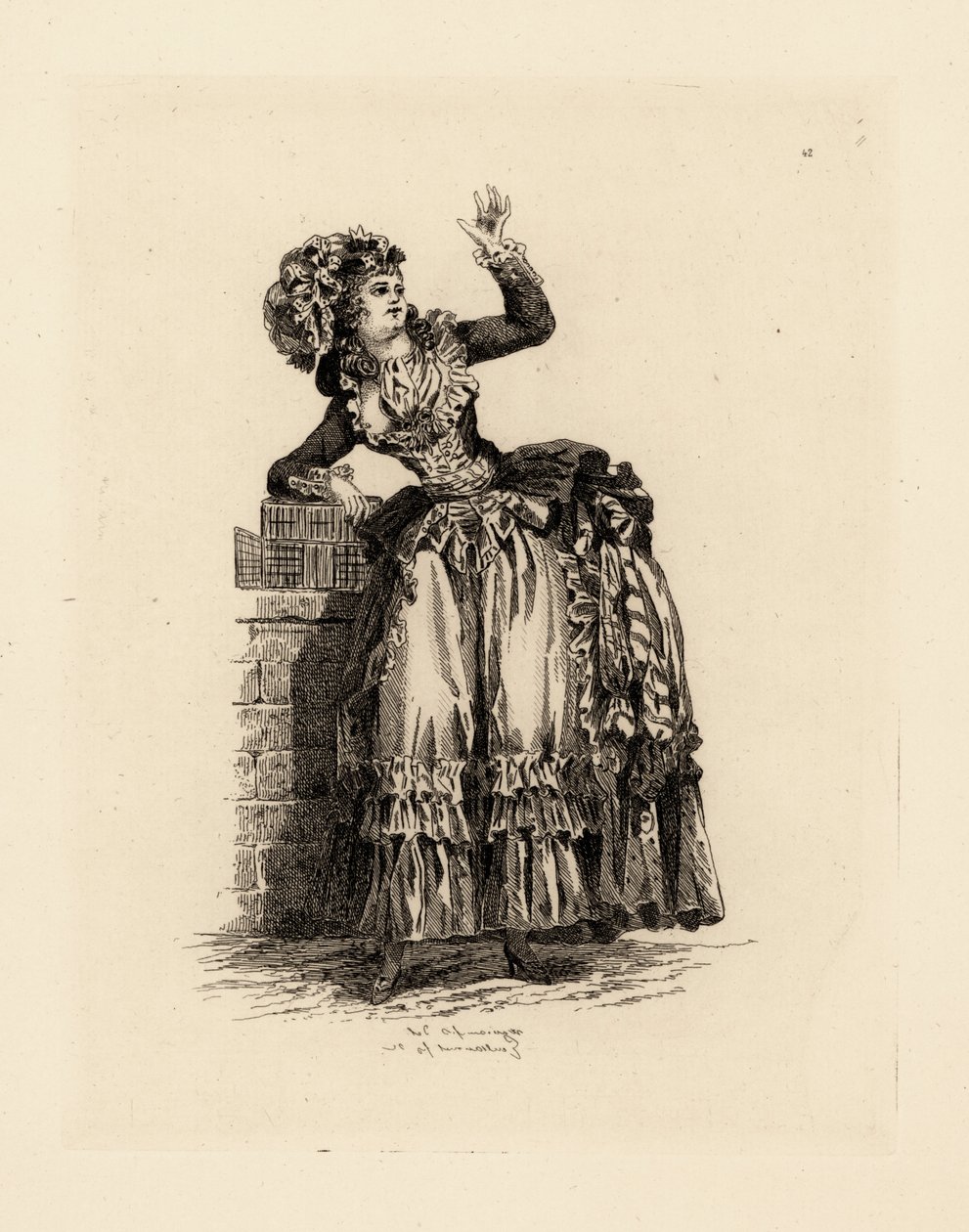 Mujer de moda con sombrero a la Nicolet, era de María Antonieta de Francois Louis Joseph (after) Watteau