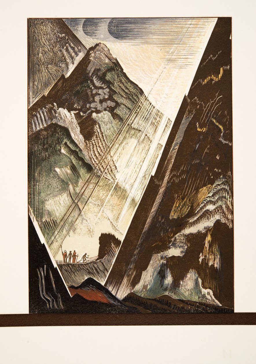Prometeo siendo clavado a la roca por Hefesto, Kratos y Bia de Prometeo Encadenado de Esquilo, pub. 1941 de Francois Louis Schmied