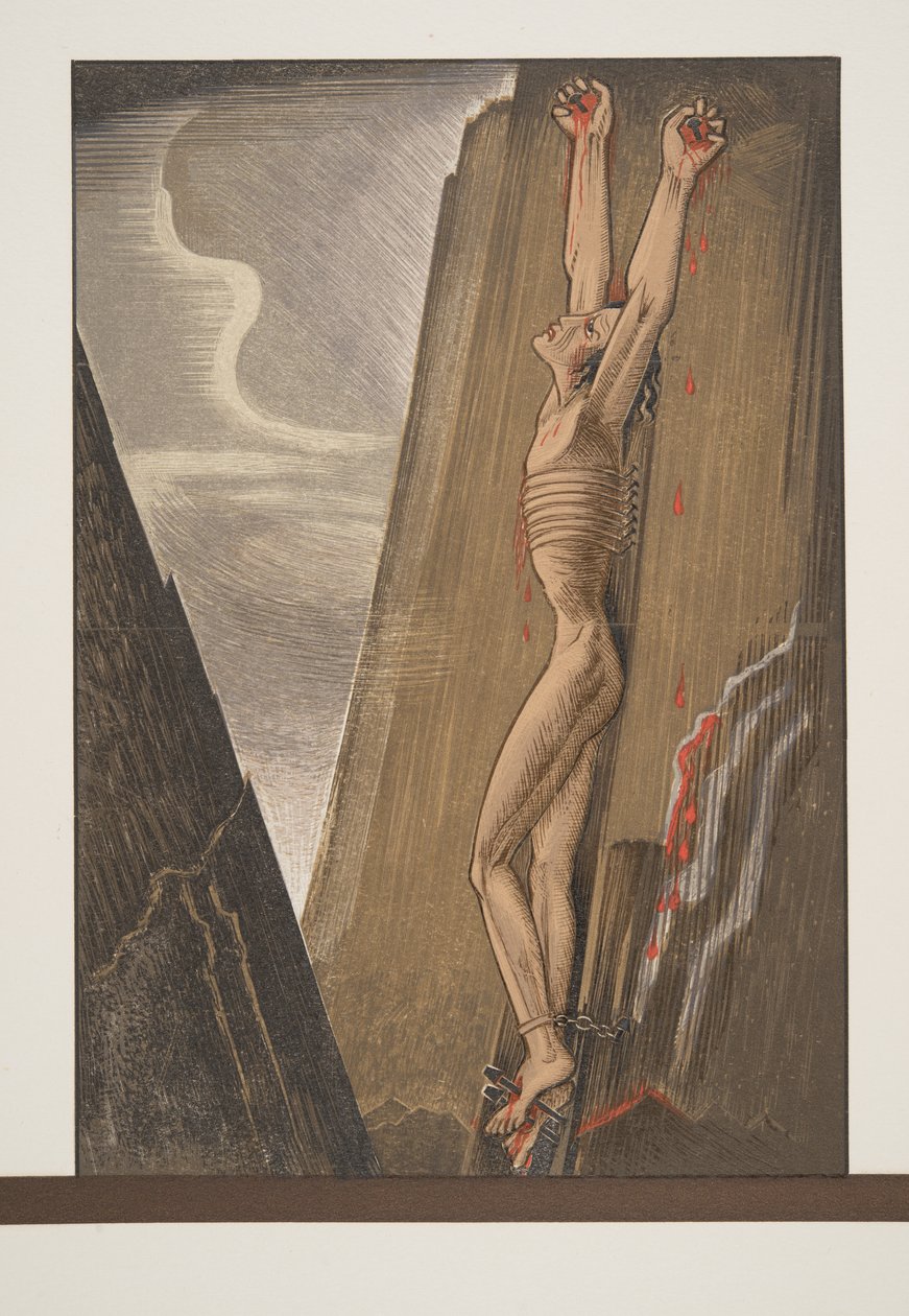 Prometeo clavado a la roca de Prometeo Encadenado de Esquilo, pub. 1941 de Francois Louis Schmied