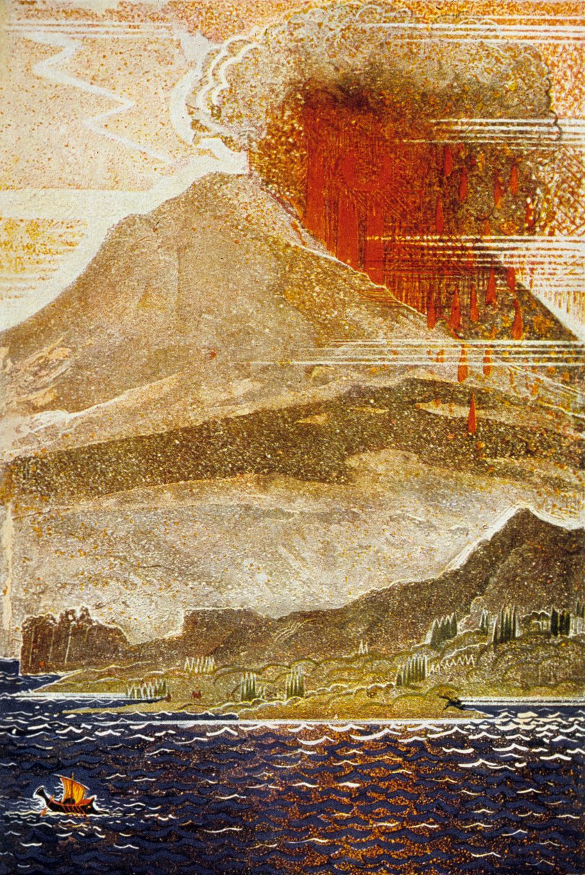 La Odisea de Homero: Ulises acercándose a la isla del volcán cíclope, grabado por Theo Schmied, 1930-33 de Francois Louis Schmied