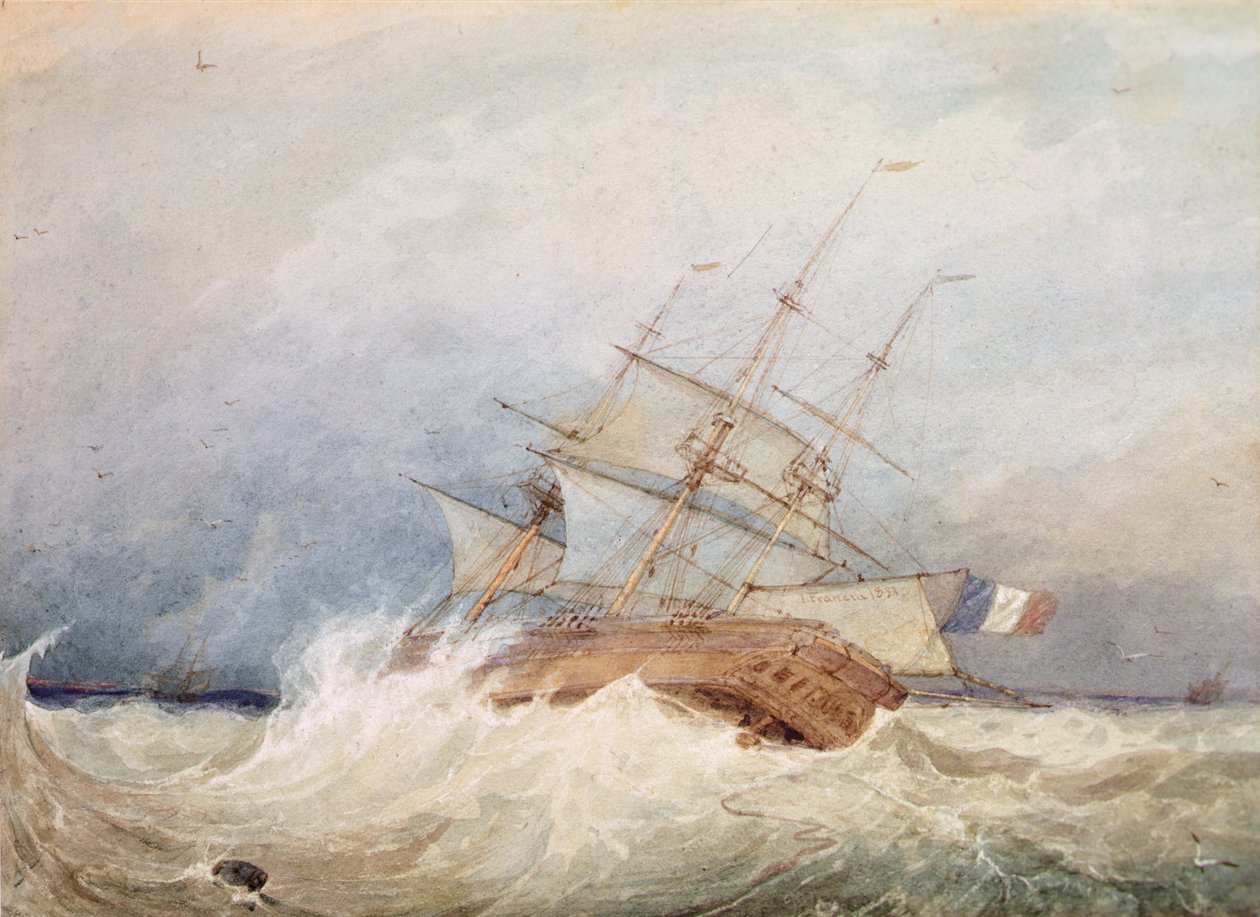 Una fragata francesa en tiempo tormentoso (acuarela) de Francois Louis Thomas Francia
